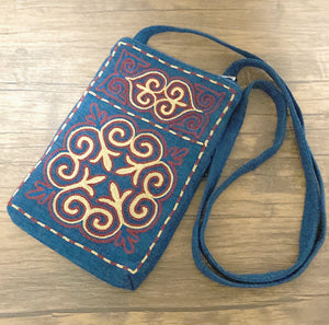 ミニショルダーバッグ カザフ文様刺繍 (ブルー１）